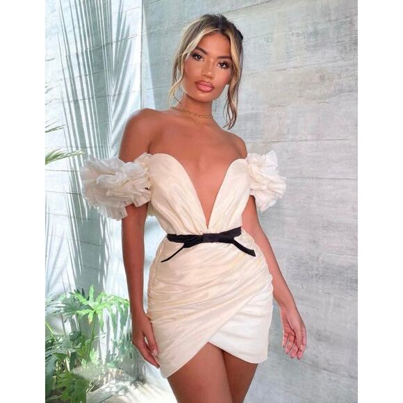 House of CB Dresses & Skirts - House of CB Agatha Ivory Organza Dress Puff Sleeve Sweetheart Belted Mini Small